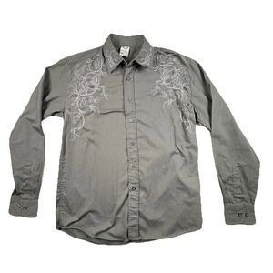 Avirex Men's M Gray Embroidered LS Button Up Shirt Y2K Streetwear SEE DESCRIPTIO